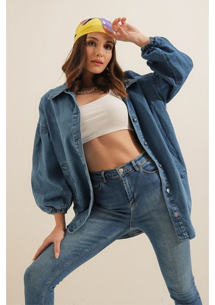 0662 Denim Balon Kollu Kot Ceket - Mavi