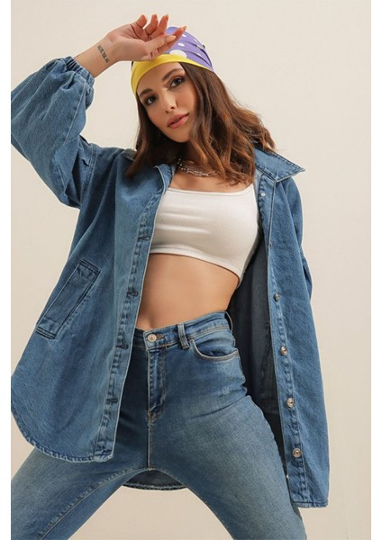 0662 Denim Balon Kollu Kot Ceket - Mavi