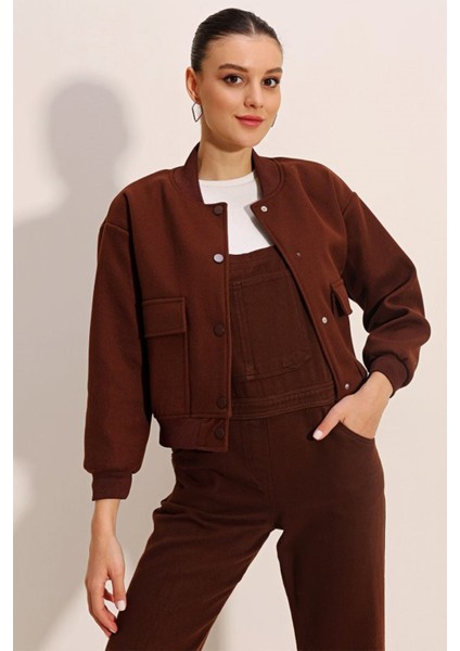 0688 Çift Cepli Bomber Ceket - Kahverengi
