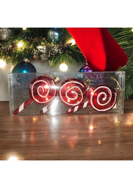 Vıp Deluxe 3 Adet Şeker Çubuk Yılbaşı Ağaçı Süsü 10 cm Parlak Simli Kırmızı Noel Yılbaşı Süsleri