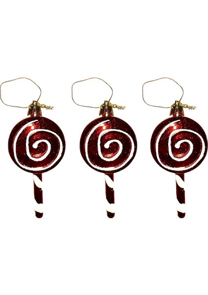 Vıp Deluxe 3 Adet Şeker Çubuk Yılbaşı Ağaçı Süsü 10 cm Parlak Simli Kırmızı Noel Yılbaşı Süsleri