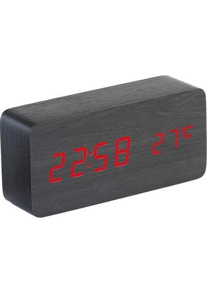 Wooden Clock Red Light Digital Siyah Ahşap Görümümlü Dijital Saat Sese Duyarlı Alarm Derece Tarih