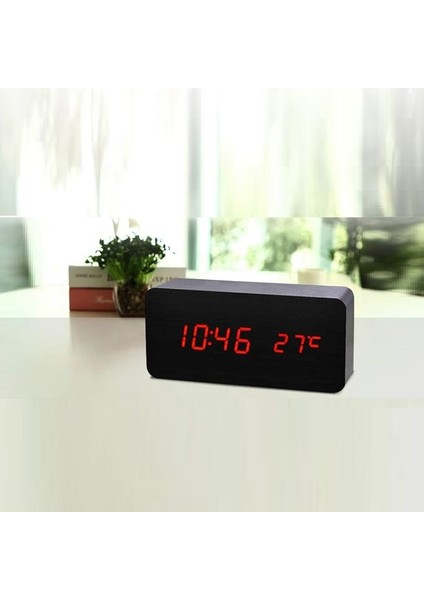 Wooden Clock Red Light Digital Siyah Ahşap Görümümlü Dijital Saat Sese Duyarlı Alarm Derece Tarih