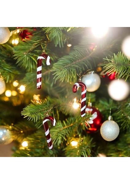 Vıp Deluxe 6 Adet Baston Süs 13 cm Parlak Simli Kırmızı Yılbaşı Ağacı Süsleri Noel Ağacı Süsleri