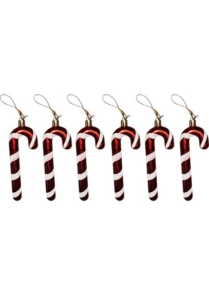 Vıp Deluxe 6 Adet Baston Süs 13 cm Parlak Simli Kırmızı Yılbaşı Ağacı Süsleri Noel Ağacı Süsleri