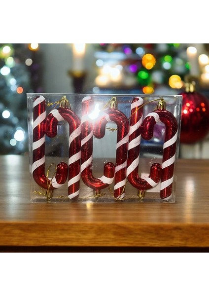 Vıp Deluxe 6 Adet Baston Süs 13 cm Parlak Simli Kırmızı Yılbaşı Ağacı Süsleri Noel Ağacı Süsleri