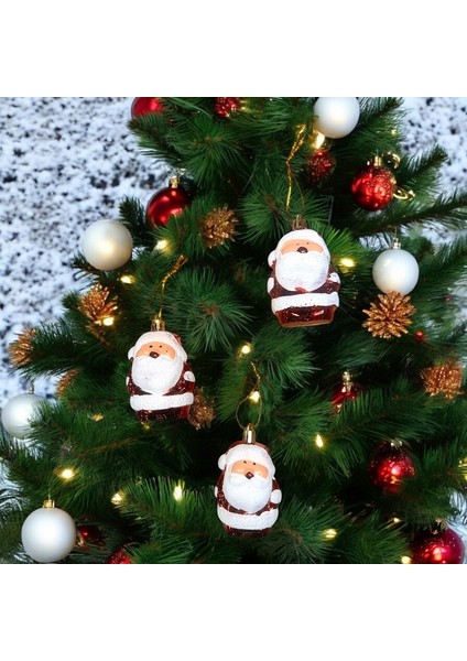Vıp Deluxe 3 Adet 8 cm Parlak Simli Kırmızı Noel Baba Yılbaşı Ağacı Süsleri Noel Ağacı Süsleri