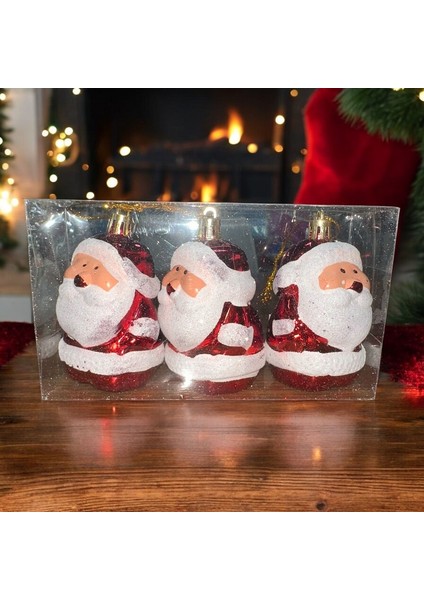 Vıp Deluxe 3 Adet 8 cm Parlak Simli Kırmızı Noel Baba Yılbaşı Ağacı Süsleri Noel Ağacı Süsleri