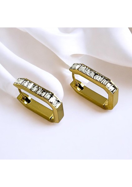 Gold Renk Zirkon Taş Detaylı Çelik Küpe