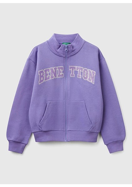 Kız Çocuk Mor Simli Benetton Logo Işlemeli Fermuarlı Sweatshirt