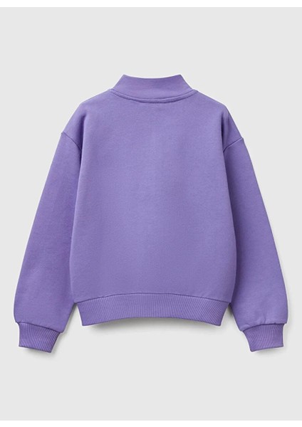 Kız Çocuk Mor Simli Benetton Logo Işlemeli Fermuarlı Sweatshirt modelleri