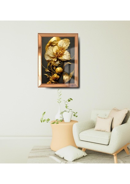 Ayna Çerçeveli Cama Baskılı 3D Çiçek Cam Gold Siyah Detaylı Tablo modelleri