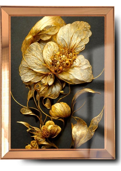 Ayna Çerçeveli Cama Baskılı 3D Çiçek Cam Gold Siyah Detaylı Tablo fırsatları