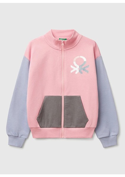 Kız Çocuk Pembe Mix Simli Benetton Logo Işlemeli Fermuarlı Sweatshirt