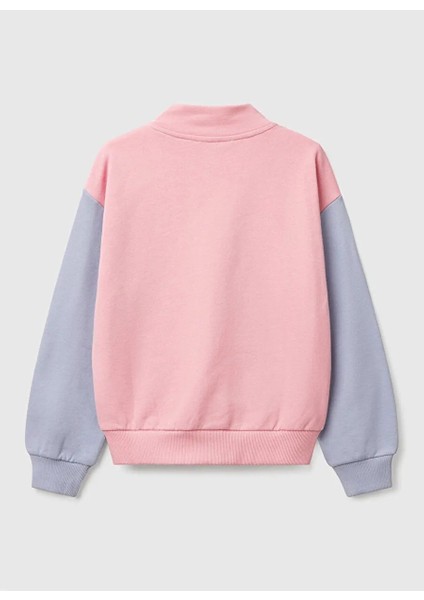 Kız Çocuk Pembe Mix Simli Benetton Logo Işlemeli Fermuarlı Sweatshirt modelleri