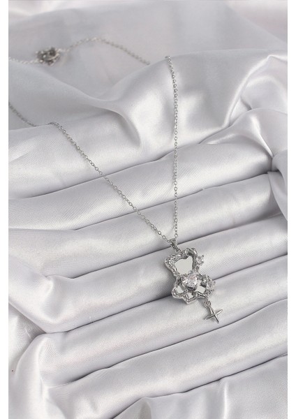 316L Çelik Gümüş Renk Ayna Ayıcık Model Zirkon Taşlı Kalp Detay Kadın Kolye fiyatları