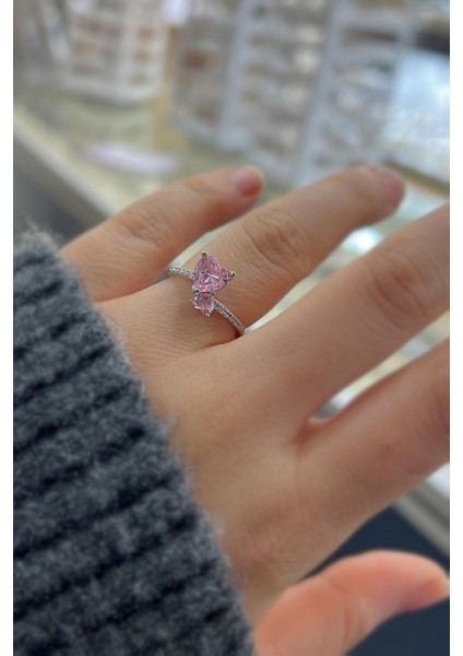 Gümüş Pembe Taşlı 2 Kalpli Yüzük TK12S51 fiyatları