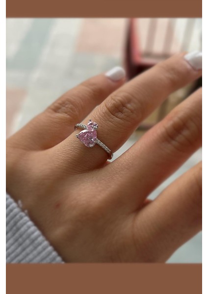 Gümüş Pembe Taşlı 2 Kalpli Yüzük TK12S51 modelleri