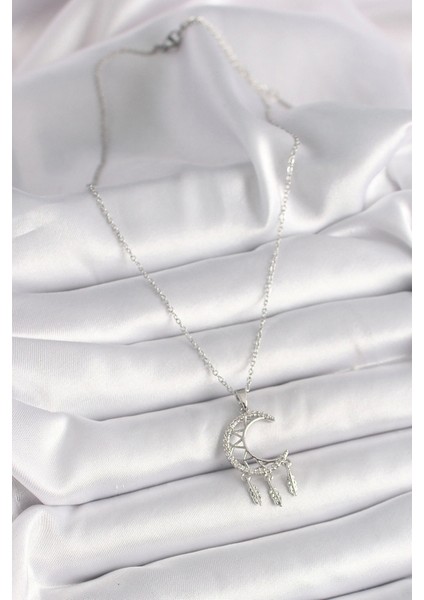 316L Çelik Gümüş Renk Zincir Zirkon Taşlı Hilal Model Sallantı Yaprak Detay Kadın Kolye fiyatları