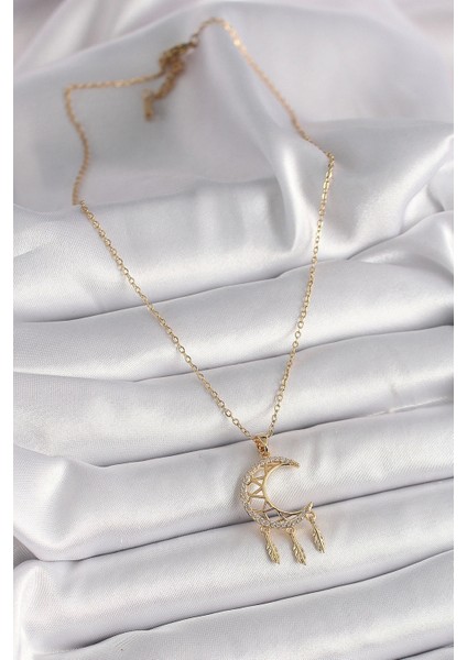 316L Çelik Gold Renk Zincir Zirkon Taşlı Hilal Model Sallantı Yaprak Detay Kadın Kolye fiyatları