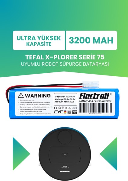Tefal X-Plorer Serie 75 Uyumlu Batarya (Ultra Yüksek Kapasite) 3200MAH Pil Robot Süpürge Bataryası RG7675