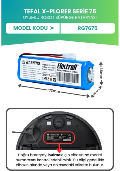 Tefal X-Plorer Serie 75 Uyumlu Batarya (Ultra Yüksek Kapasite) 3200MAH Pil Robot Süpürge Bataryası RG7675 fiyatları