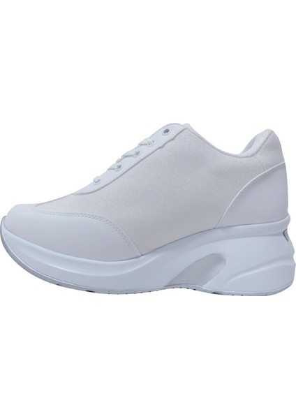 Beyaz Gümüş Yüksek Topuklu Bağcıklı Sneakers Spor Ayakkabı