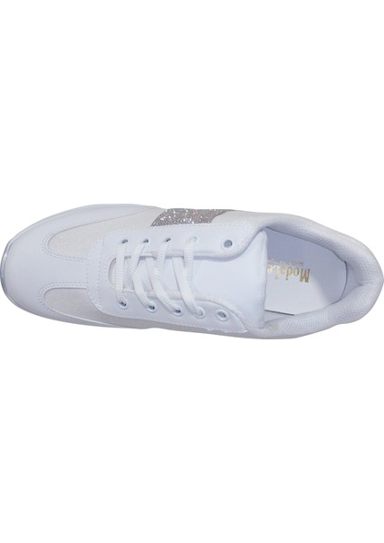Beyaz Gümüş Yüksek Topuklu Bağcıklı Sneakers Spor Ayakkabı