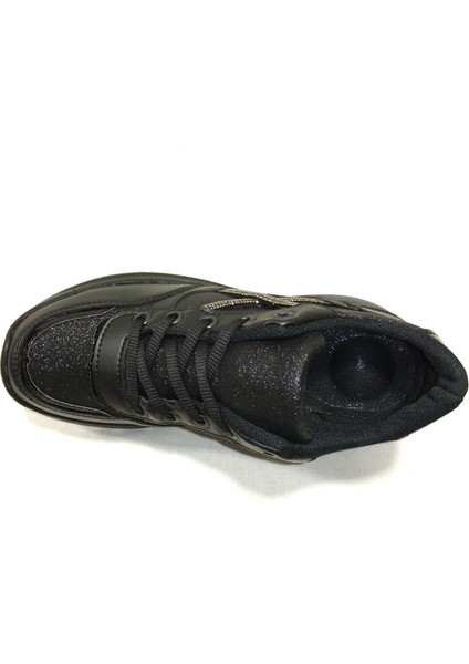 Siyah Gümüş Yüksek Topuklu Bağcıklı Sneakers Spor Ayakkabı