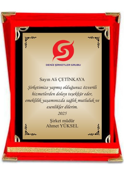 Kişiye Özel Onur ve Teşekkür Plaketi 12 x 16 cm Kırmızı Kadife Kutulu