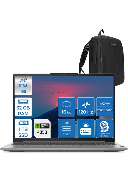 Ideapad Pro 5 Ultra 5 125H 32GB LPDDR5X 512GB SSD 6GB/RTX4050 2.5k 120Hz 16" WIN11HOME Dizüstü Bilgisayar 16IMH9H01 + Zettaçanta