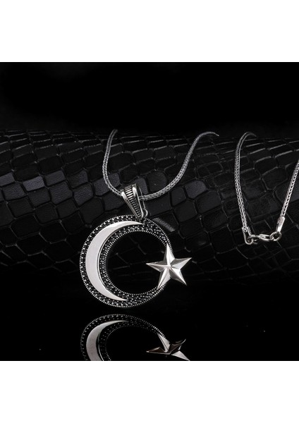925 Ayar Gümüş Mikro Taşlı Ayyıldız Model Madalyon Kolye