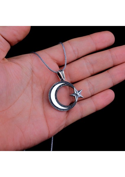 925 Ayar Gümüş Mikro Taşlı Ayyıldız Model Madalyon Kolye