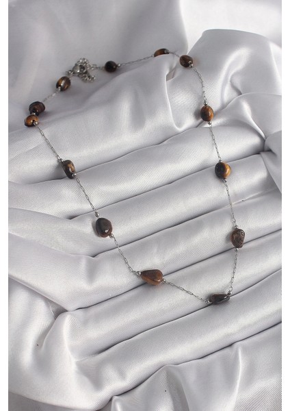 316L Çelik Gümüş Renk Zincir Kahverengi Doğaltaş Model Kadın Kolye fiyatları