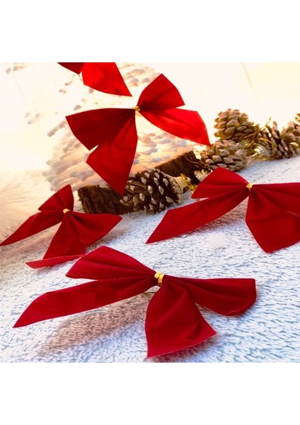 Vıp Deluxe 12 Adet 6 cm Kırmızı Fiyonk Süs Yılbaşı Ağacı Süsleri Noel Ağacı Süsleri Fiyonk Süsler