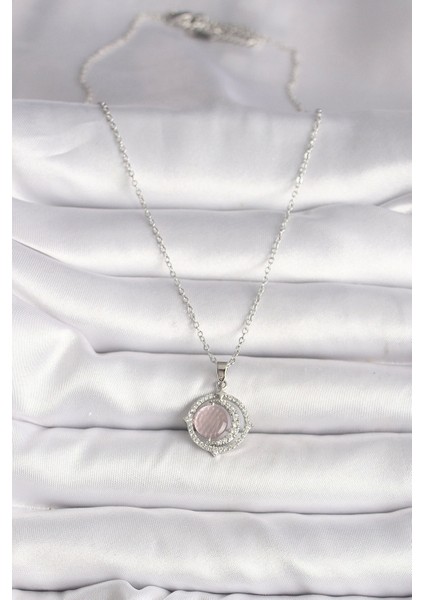 316L Çelik Gümüş Renk Zirkon Taşlı Pembe Sedefli Hilal Model Kadın Kolye fiyatları