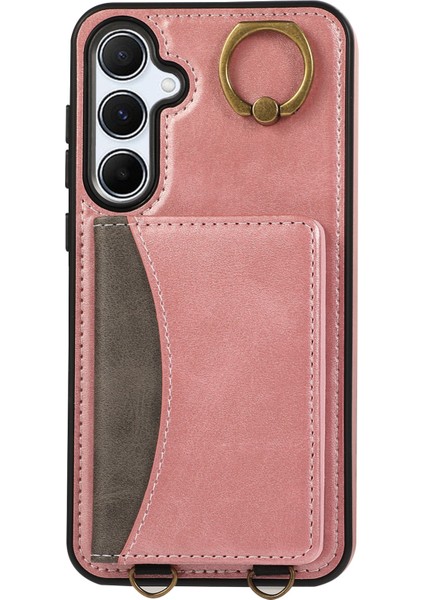 Samsung Galaxy A55 5g Pu Deri Arka Kılıf Kart Tutucu Kickstand Telefon Kılıfı Bilek Kayışı-Pembe (Yurt Dışından)