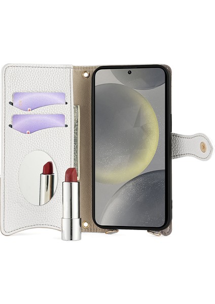 Samsung Galaxy S24+ Deri Kılıf Cüzdan Standı Kapak Düzensiz Kuyruk Stili Zincir Askı-Beyaz (Yurt Dışından)