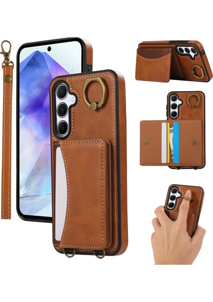 Samsung Galaxy A55 5g Pu Deri Arka Kılıf Kart Tutucu Kickstand Telefon Kılıfı Bilek Kayışı-Kahverengi (Yurt Dışından)
