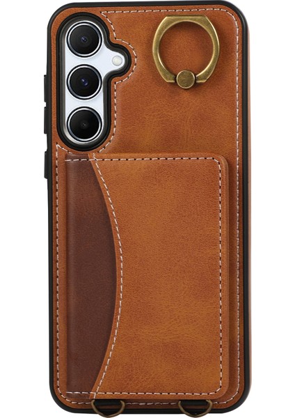 Samsung Galaxy A55 5g Pu Deri Arka Kılıf Kart Tutucu Kickstand Telefon Kılıfı Bilek Kayışı-Kahverengi (Yurt Dışından)