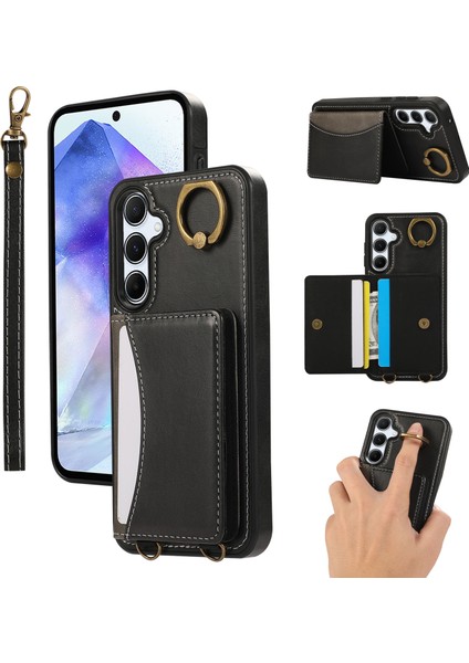 Samsung Galaxy A54 5g Pu Deri Arka Kılıf Kart Tutucu Kickstand Telefon Kılıfı Bilek Kayışlı-Siyah (Yurt Dışından)