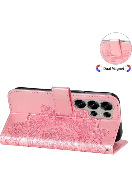 Samsung Galaxy S25 Ultra Kılıf Pu Deri Cüzdan Çiçek Telefon Kapak Standı Görünüm-Pembe (Yurt Dışından)