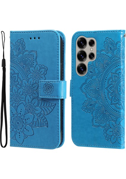Samsung Galaxy S25 Ultra Kılıf Pu Deri Cüzdan Çiçek Telefon Kapak Standı Görünüm-Mavi (Yurt Dışından)