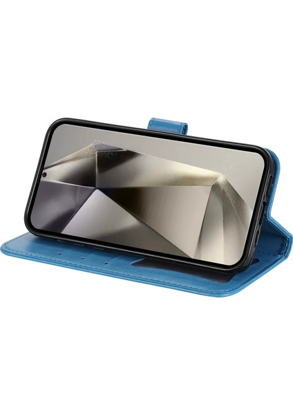 Samsung Galaxy S25 Ultra Kılıf Pu Deri Cüzdan Çiçek Telefon Kapak Standı Görünüm-Mavi (Yurt Dışından)
