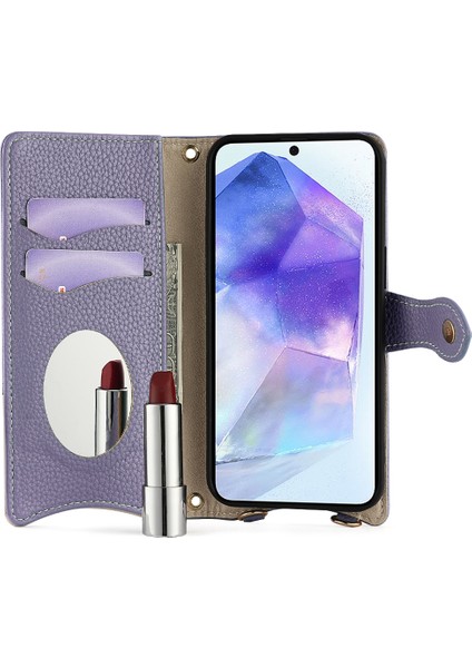 Samsung Galaxy A55 5g Deri Kılıf Cüzdan Standı Kapak Düzensiz Kuyruk Stili Zincir Askılı-Mor (Yurt Dışından)