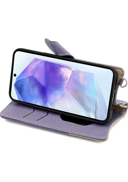 Samsung Galaxy A55 5g Deri Kılıf Cüzdan Standı Kapak Düzensiz Kuyruk Stili Zincir Askılı-Mor (Yurt Dışından)
