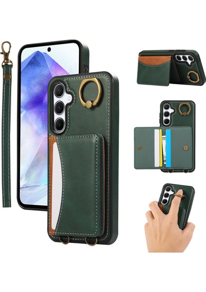 Samsung Galaxy A54 5g Pu Deri Arka Kılıf Kart Tutucu Kickstand Telefon Kılıfı Bilek Kayışlı-Yeşil (Yurt Dışından)