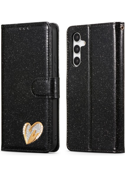 Samsung Galaxy A54 5g Simli Deri Kılıf Elmas Aşk Kalpli Cüzdan Standlı Kapak Çevirin-Siyah (Yurt Dışından)