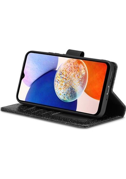 Samsung Galaxy A54 5g Simli Deri Kılıf Elmas Aşk Kalpli Cüzdan Standlı Kapak Çevirin-Siyah (Yurt Dışından)