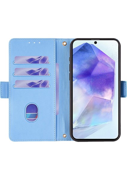 Samsung Galaxy A55 5g Deri Cüzdan Kılıf Rfıd Engelleme El Kayışı ile Stand Kapağı-Mavi (Yurt Dışından) modelleri